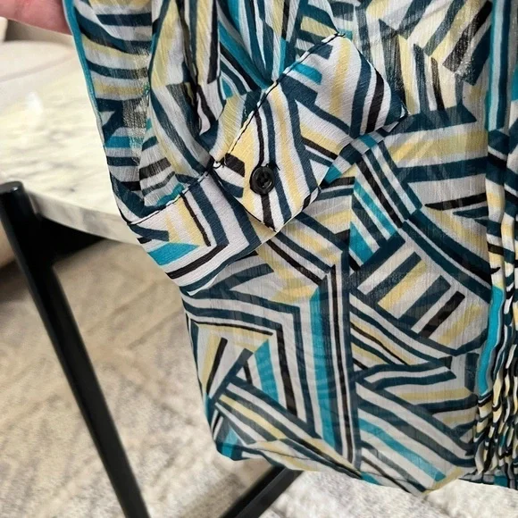 Banana Republic blue yellow navy stripe geo print tie blouse shirt top business - Picture 4 of 10